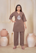 JHAROKHA COFFEE BROWN AARIWORK CO-ORD SET