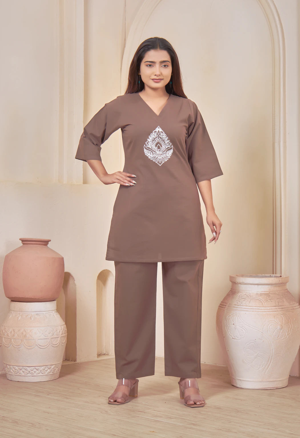 JHAROKHA COFFEE BROWN AARIWORK CO-ORD SET