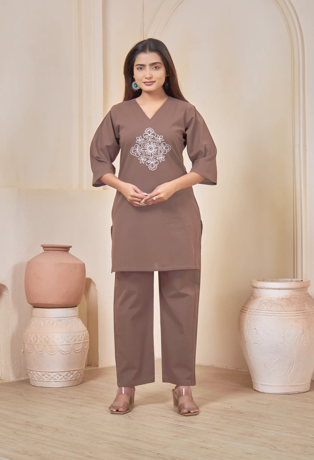 VINTAGE VINE COFFEE BROWN AARIWORK CO-ORD SET
