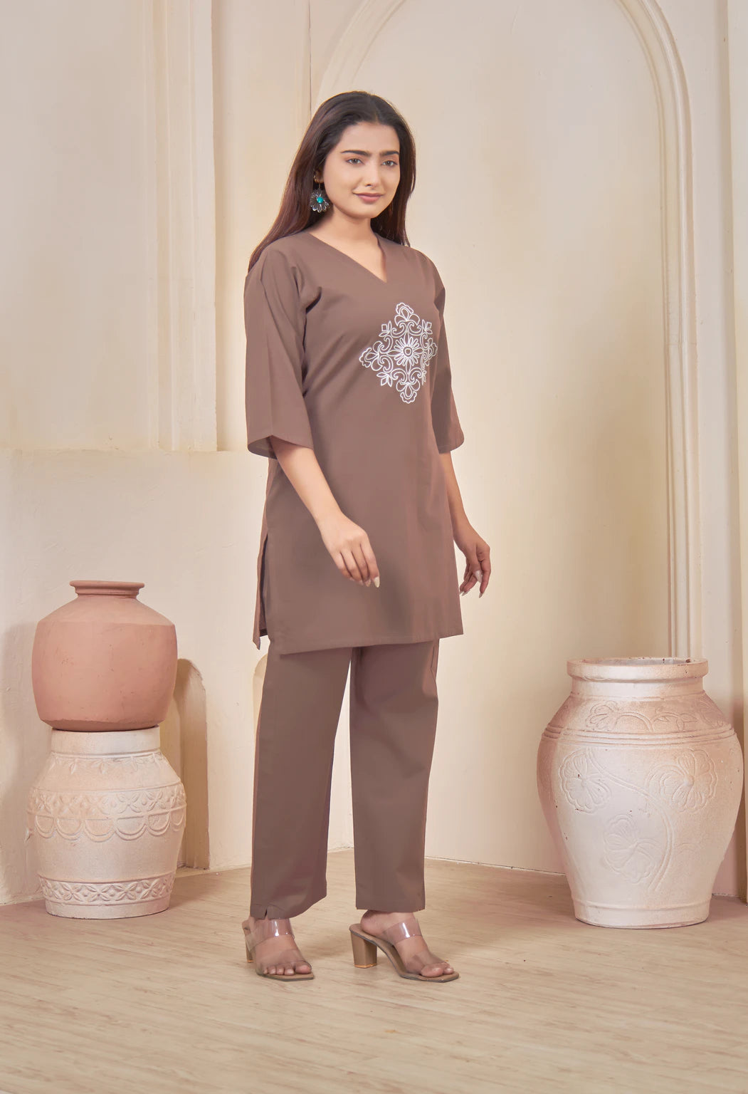 VINTAGE VINE COFFEE BROWN AARIWORK CO-ORD SET