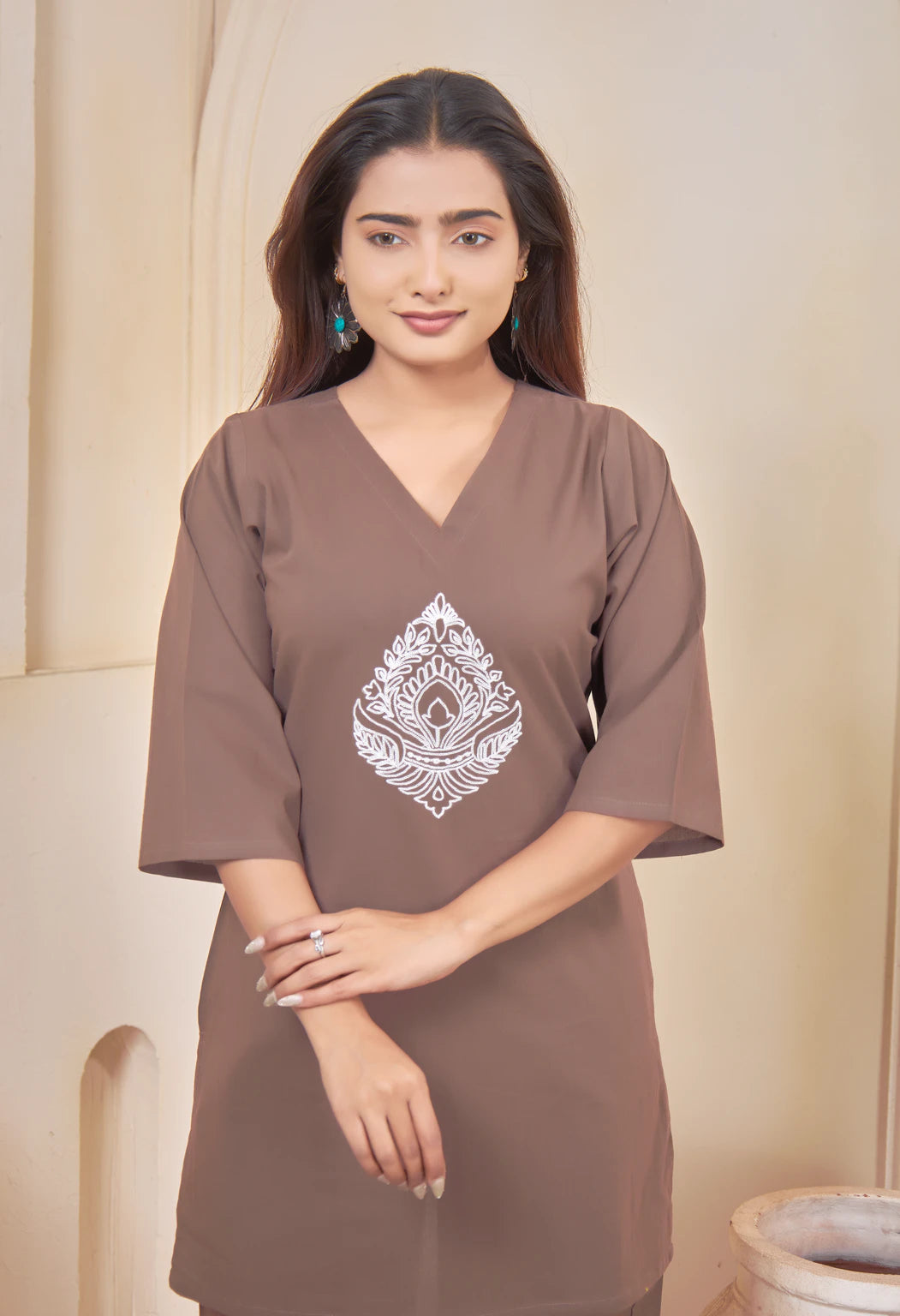 JHAROKHA COFFEE BROWN AARIWORK CO-ORD SET
