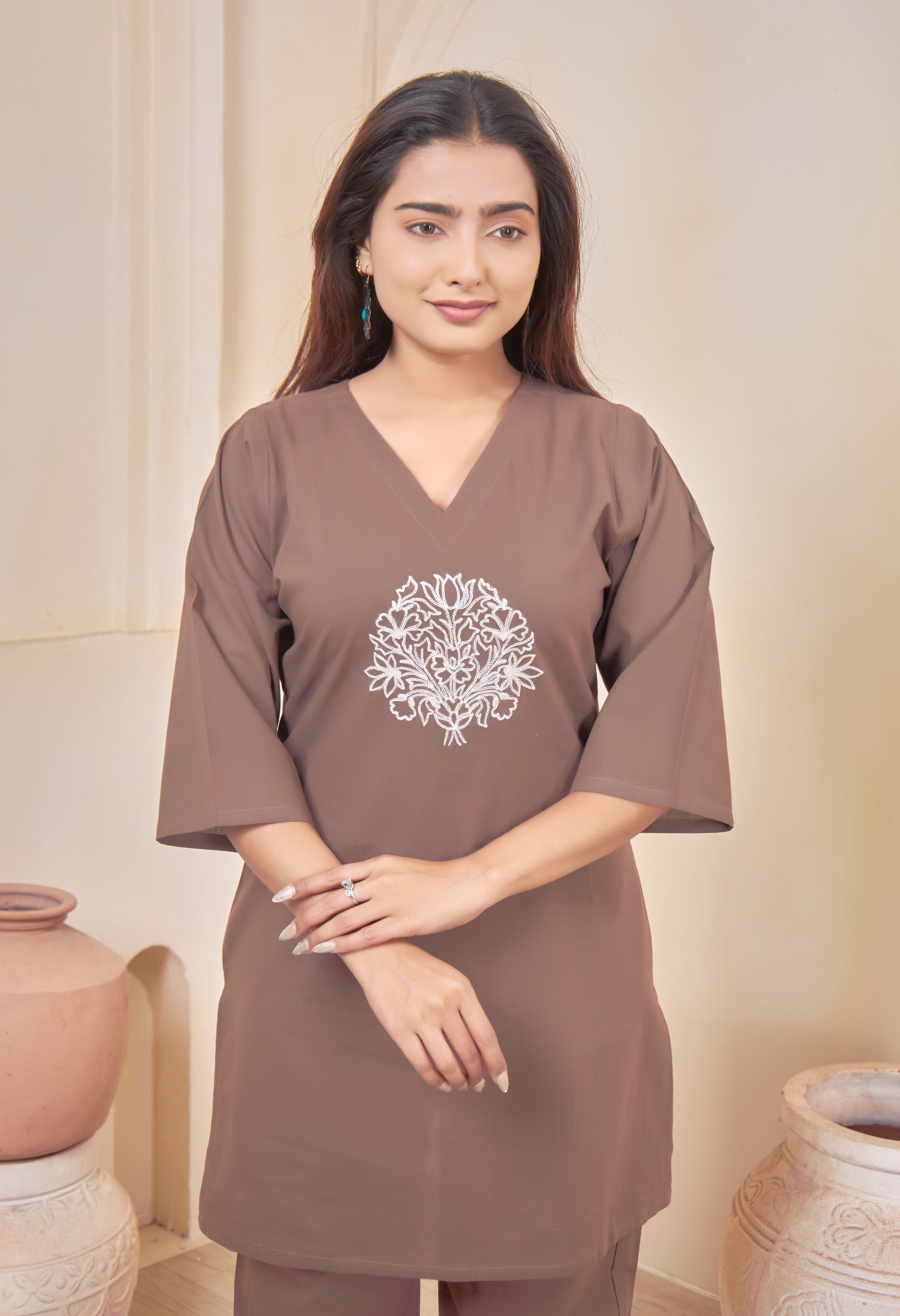 LOTUS BLOOM COFFEE BROWN AARIWORK CO-ORD SET