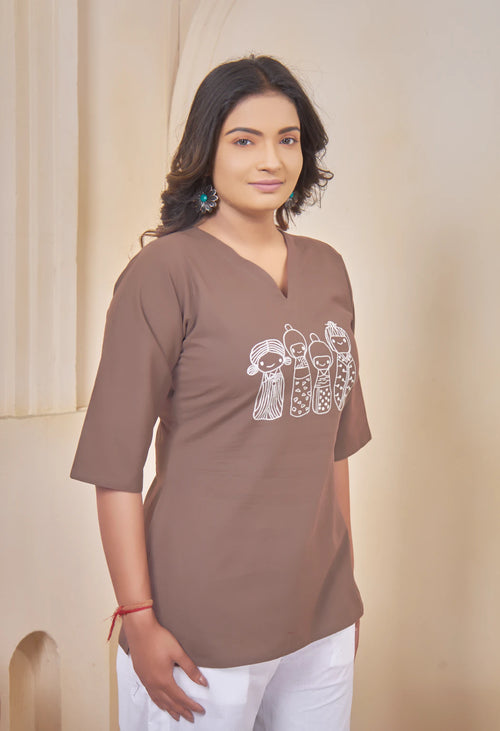 AARI KUTUMBH COFFEE BROWN SUMMER SHORT KURTA