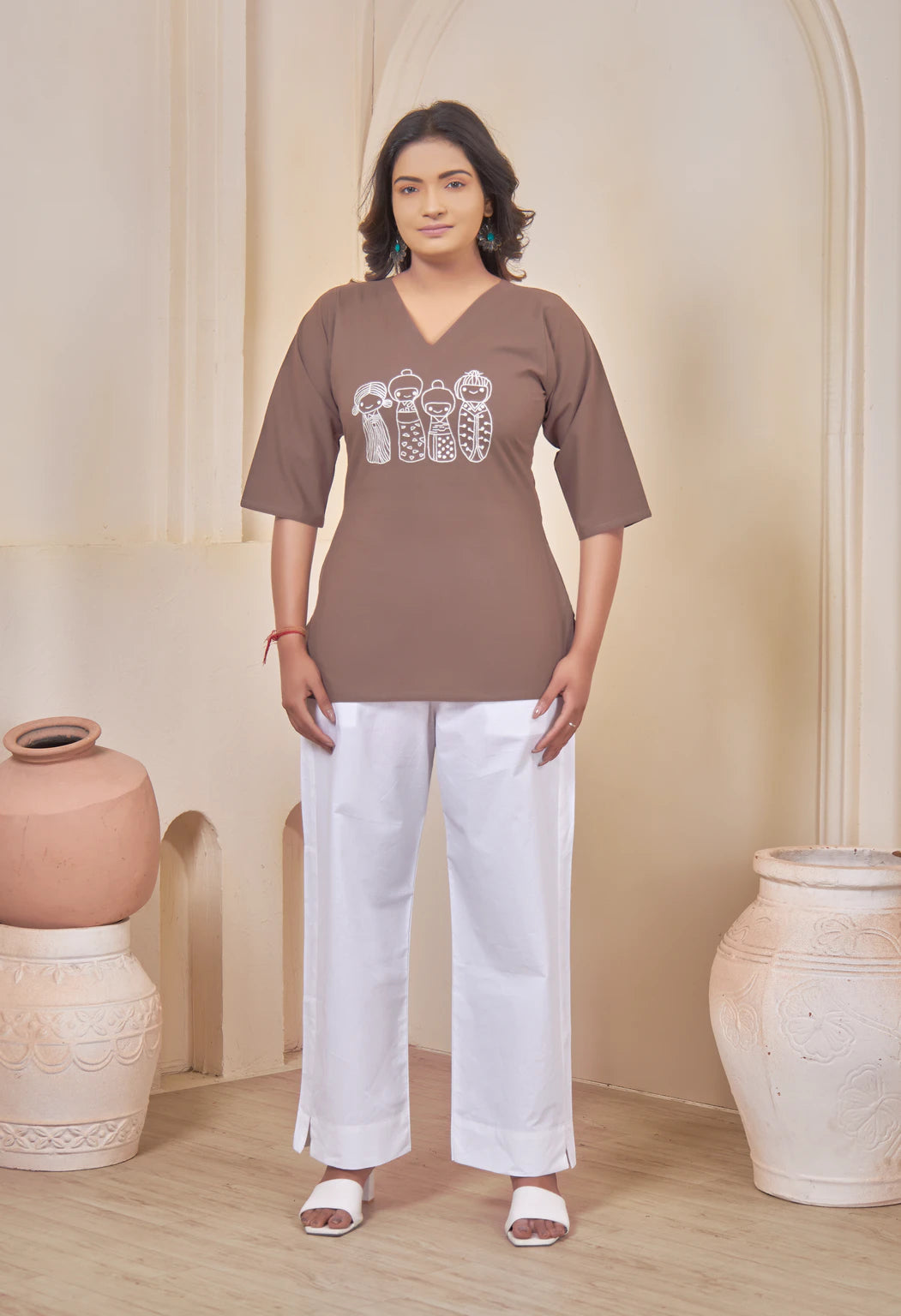 AARI KUTUMBH COFFEE BROWN SUMMER SHORT KURTA