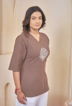 LOTUS BLOOM COFFEE BROWN AARI SUMMER SHORT KURTA