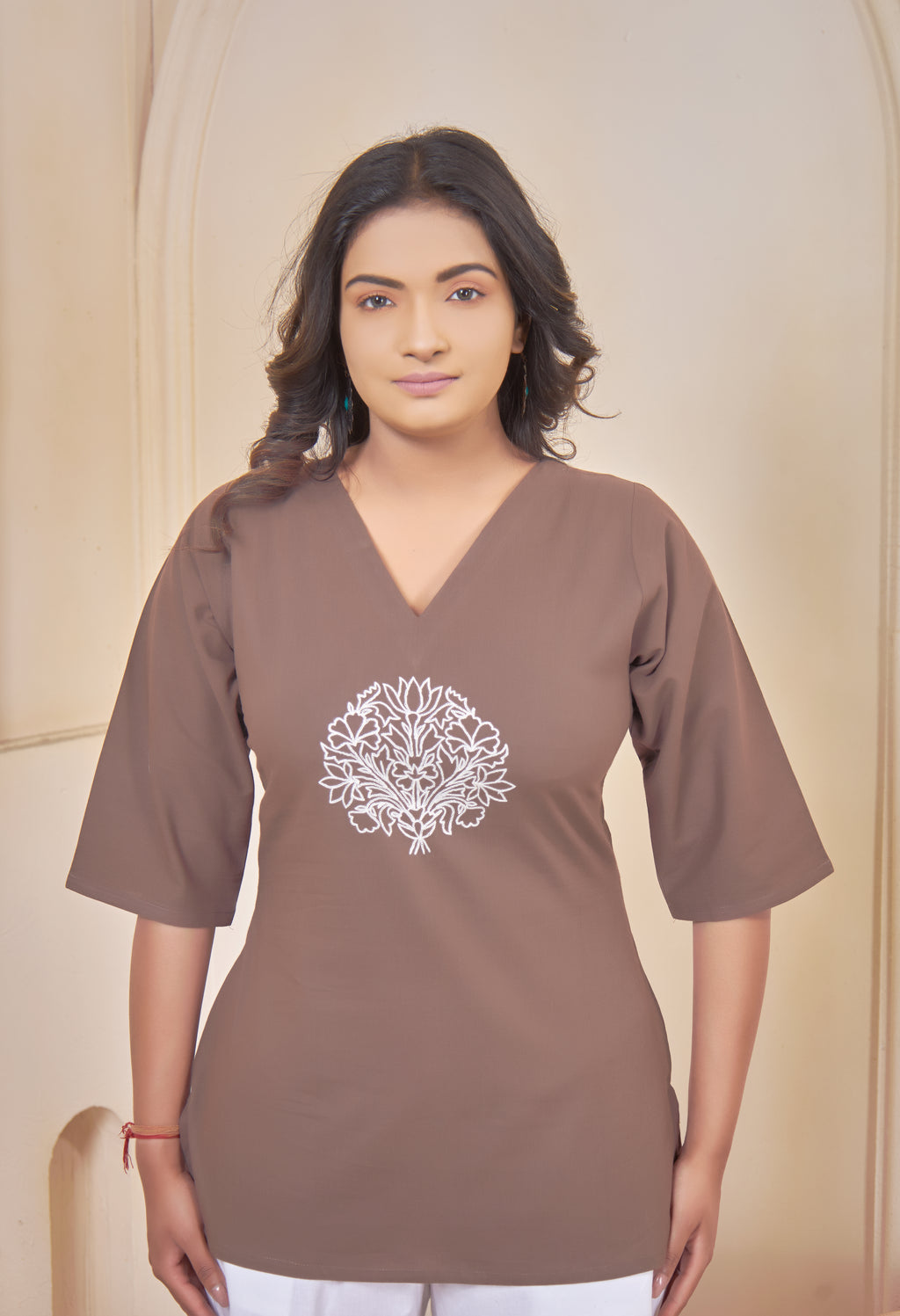LOTUS BLOOM COFFEE BROWN AARI SUMMER SHORT KURTA