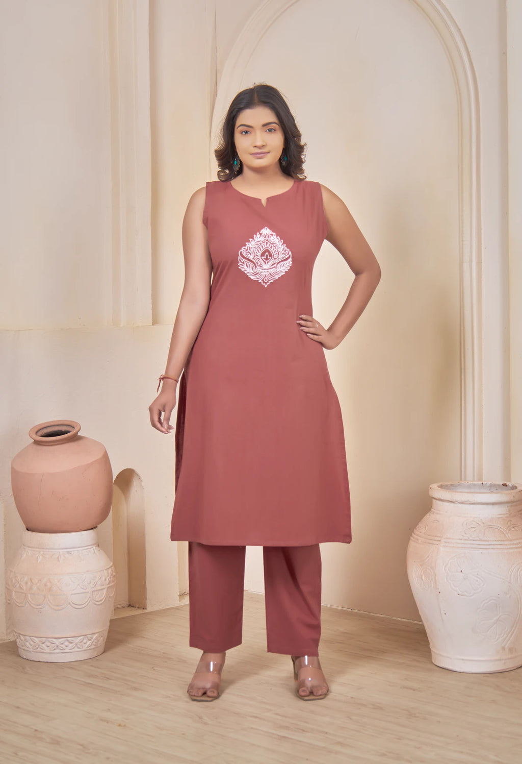 AARI TERRACOTTA JHAROKHA SLEEVELESS SET