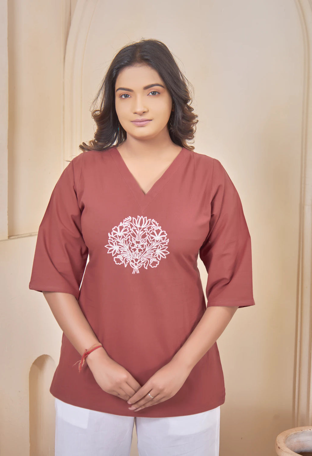 LOTUS BLOOM TERRACOTTA AARI SUMMER SHORT KURTA