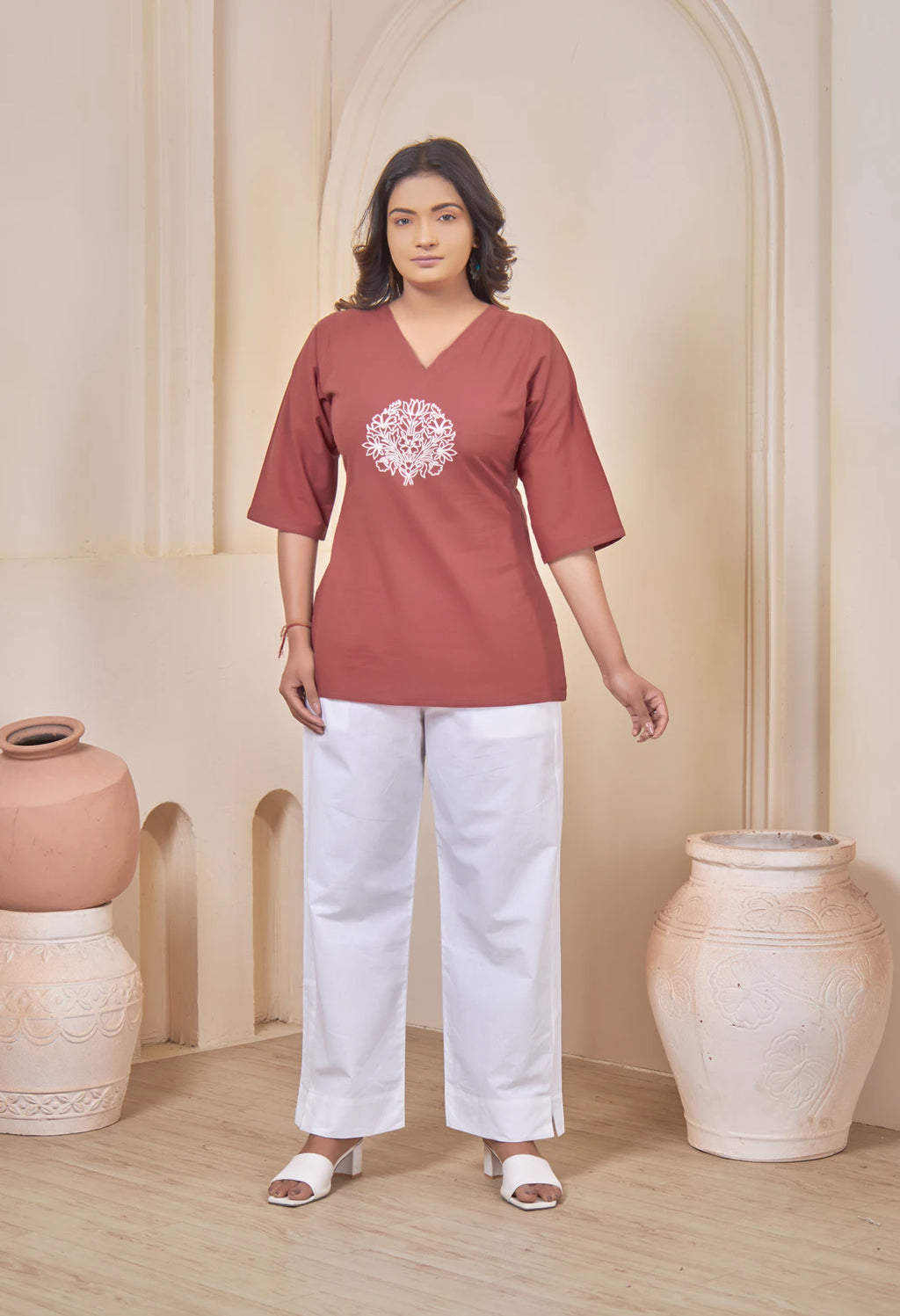 LOTUS BLOOM TERRACOTTA AARI SUMMER SHORT KURTA