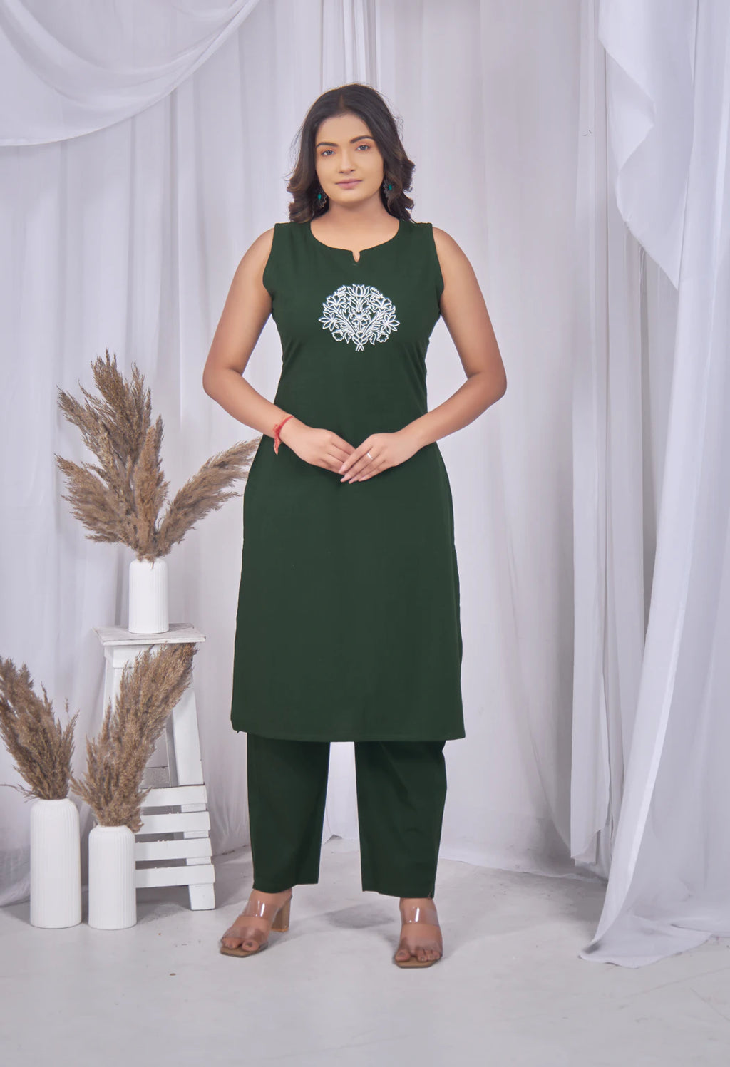 AARI BOTTLE GREEN LOTUS BLOOM SLEEVELESS SET