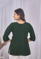 JHAROKHA BOTTLE GREEN AARI SUMMER SHORT KURTA