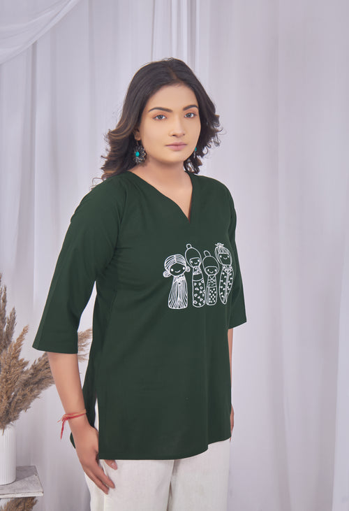 AARI KUTUMBH BOTTLE GREEN SUMMER SHORT KURTA