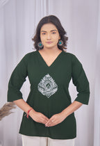 JHAROKHA BOTTLE GREEN AARI SUMMER SHORT KURTA