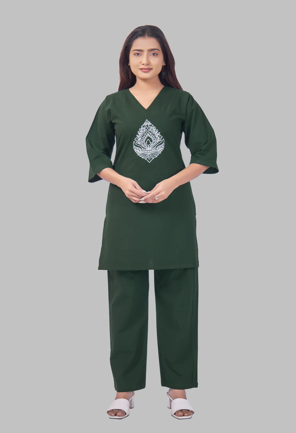 JHAROKHA BOTTLE GREEN AARIWORK CO-ORD SET