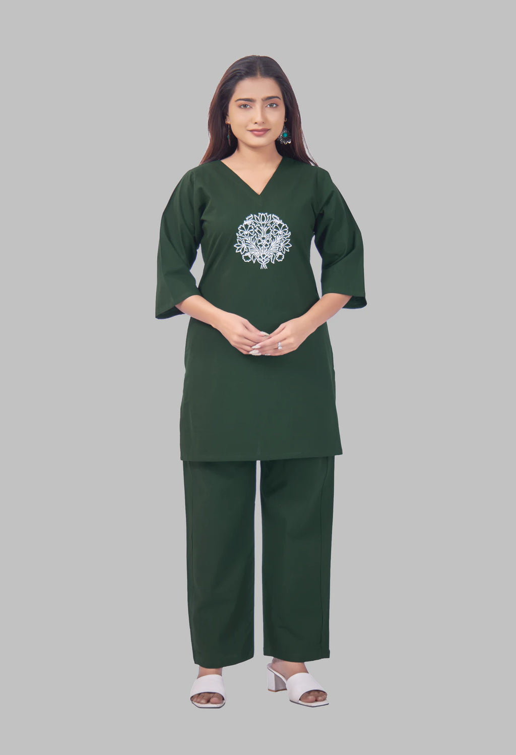 LOTUS BLOOM BOTTLE GREEN AARIWORK CO-ORD SET
