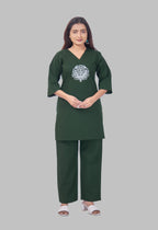 LOTUS BLOOM BOTTLE GREEN AARIWORK CO-ORD SET