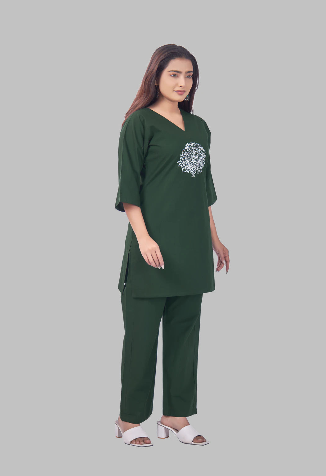 LOTUS BLOOM BOTTLE GREEN AARIWORK CO-ORD SET