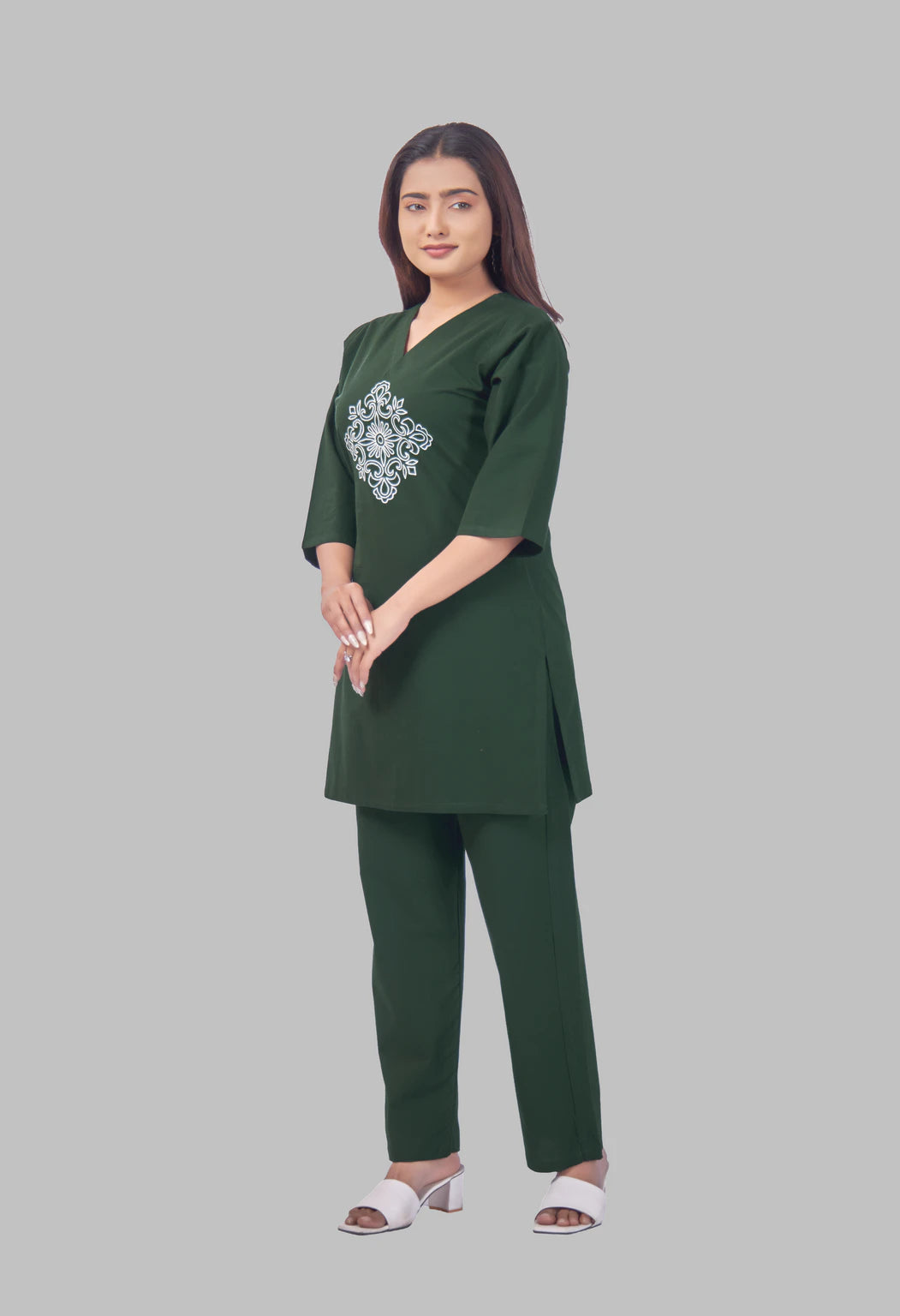 VINTAGE VINE BOTTLE GREEN AARIWORK  CO-ORD SET