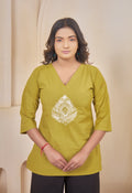 JHAROKHA LIME MUSTARD AARI SUMMER SHORT KURTA