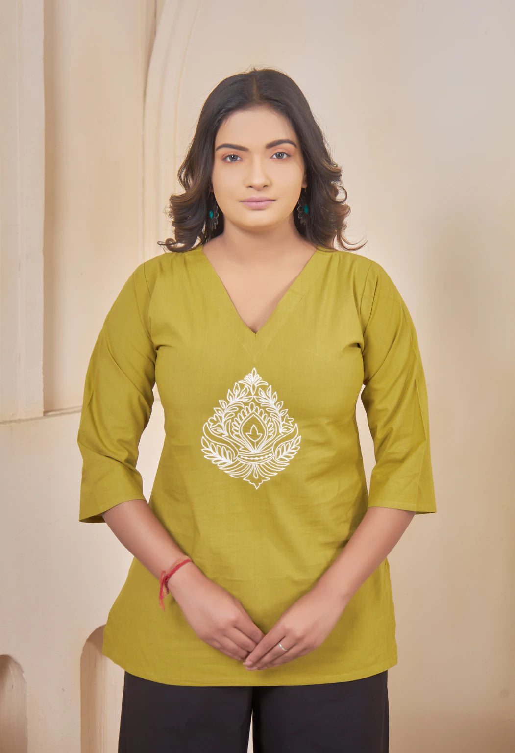 JHAROKHA LIME MUSTARD AARI SUMMER SHORT KURTA