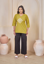 VINTAGE VINE LIME MUSTARD AARI SUMMER SHORT KURTA