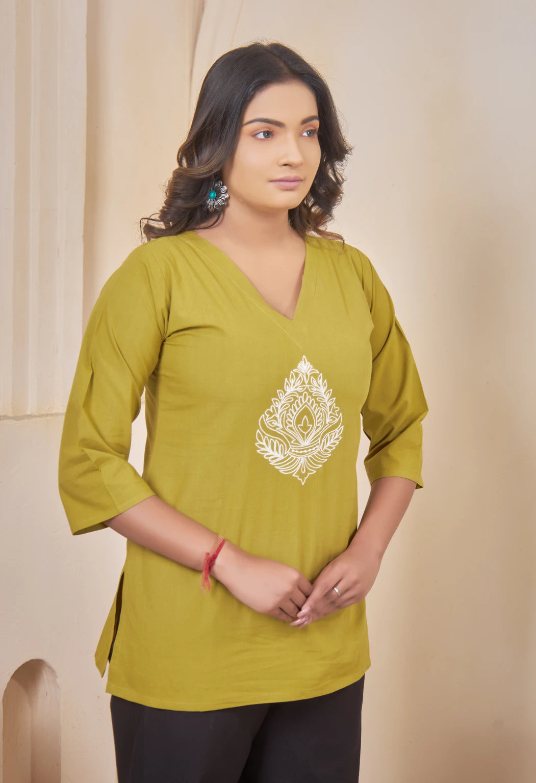 JHAROKHA LIME MUSTARD AARI SUMMER SHORT KURTA