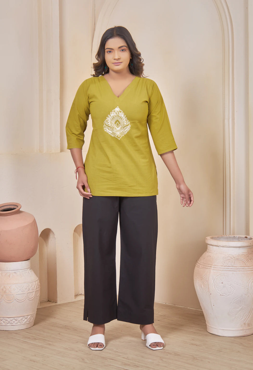 JHAROKHA LIME MUSTARD AARI SUMMER SHORT KURTA