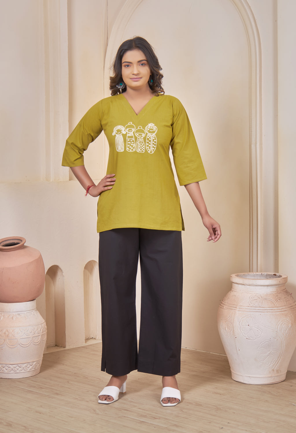 AARI KUTUMBH LIME MUSTARD SUMMER SHORT KURTA