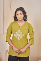 VINTAGE VINE LIME MUSTARD AARI SUMMER SHORT KURTA