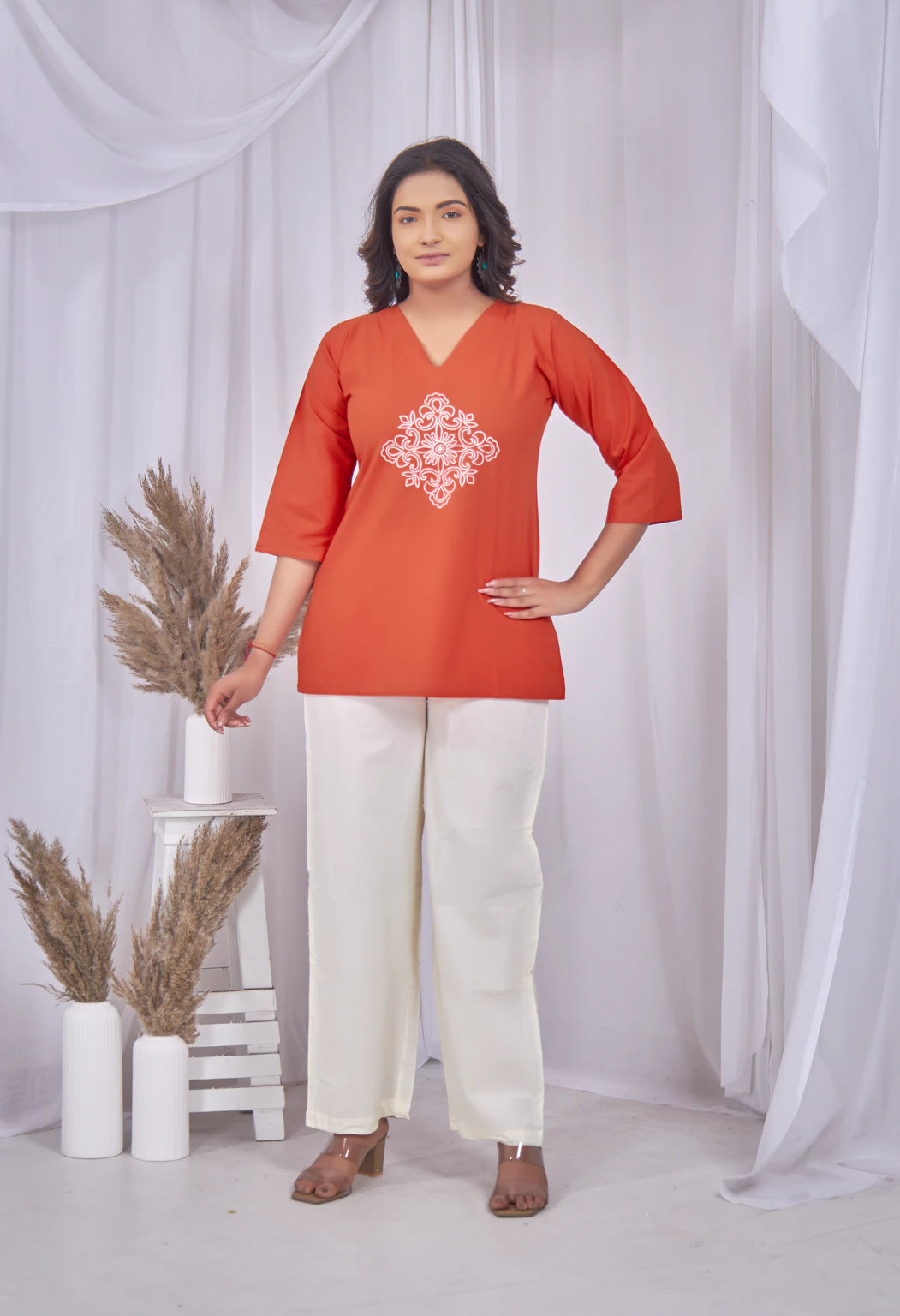 VINTAGE VINE ORANGE RUST AARI SUMMER SHORT KURTA