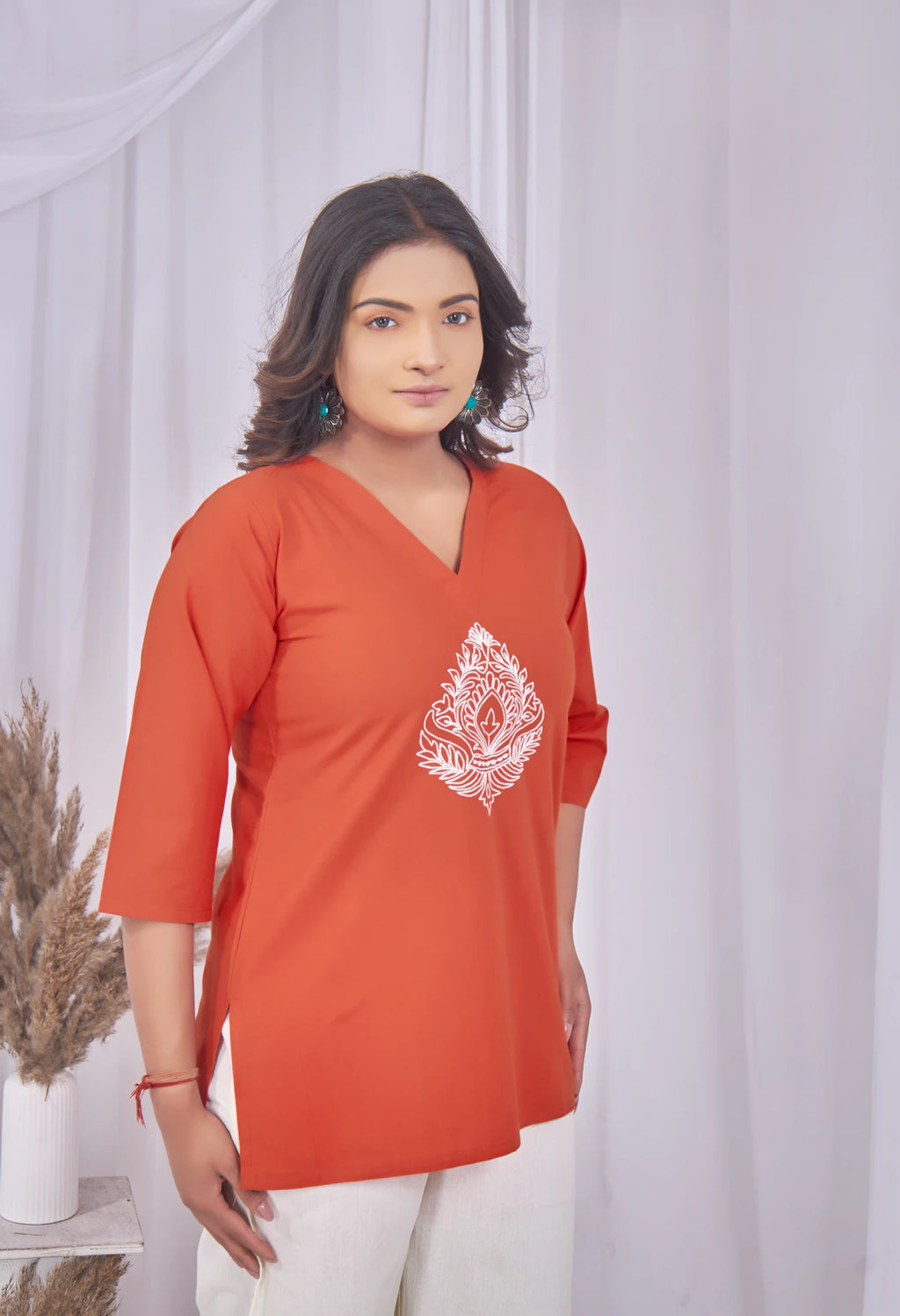 JHAROKHA ORANGE RUST  AARI SUMMER SHORT KURTA
