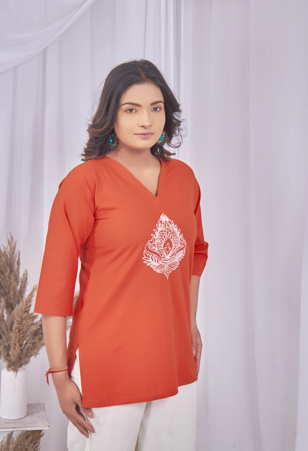 JHAROKHA ORANGE RUST  AARI SUMMER SHORT KURTA