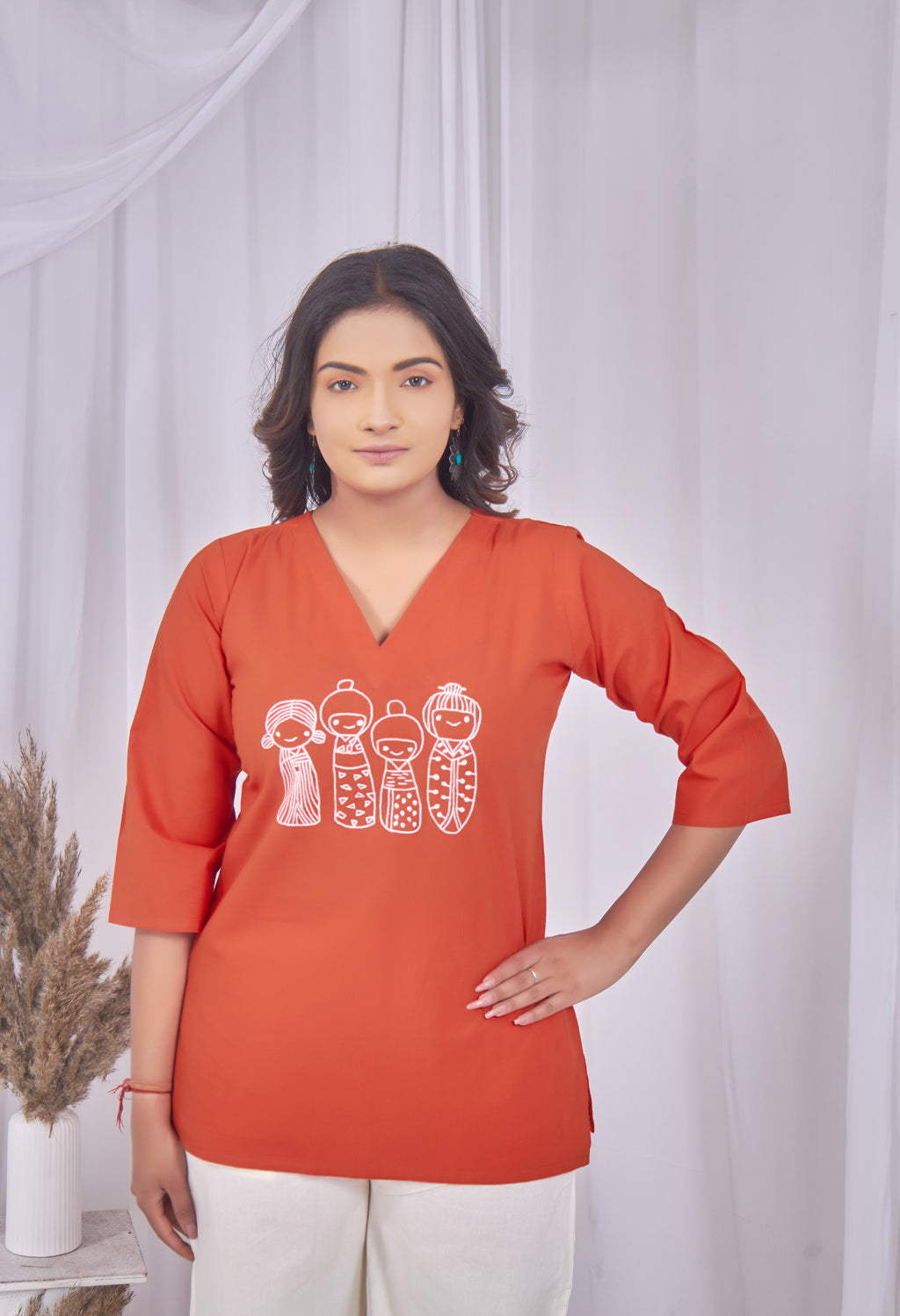 AARI KUTUMBH ORANGE RUST SUMMER SHORT KURTA
