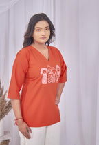 AARI KUTUMBH ORANGE RUST SUMMER SHORT KURTA