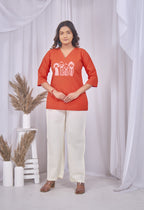 AARI KUTUMBH ORANGE RUST SUMMER SHORT KURTA