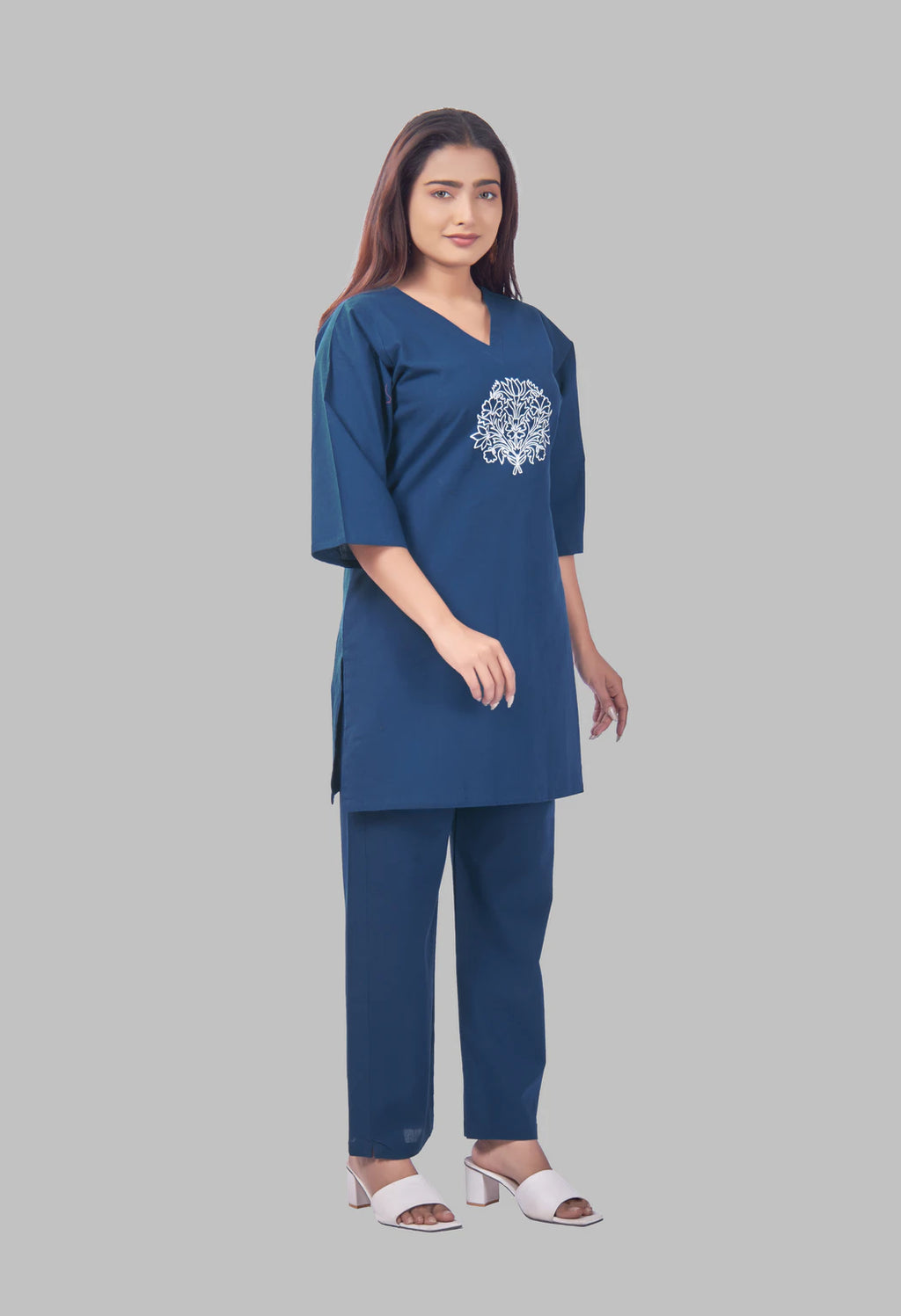 LOTUS BLOOM PEACOCK BLUE AARIWORK CO-ORD SET