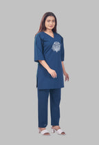 LOTUS BLOOM PEACOCK BLUE AARIWORK CO-ORD SET
