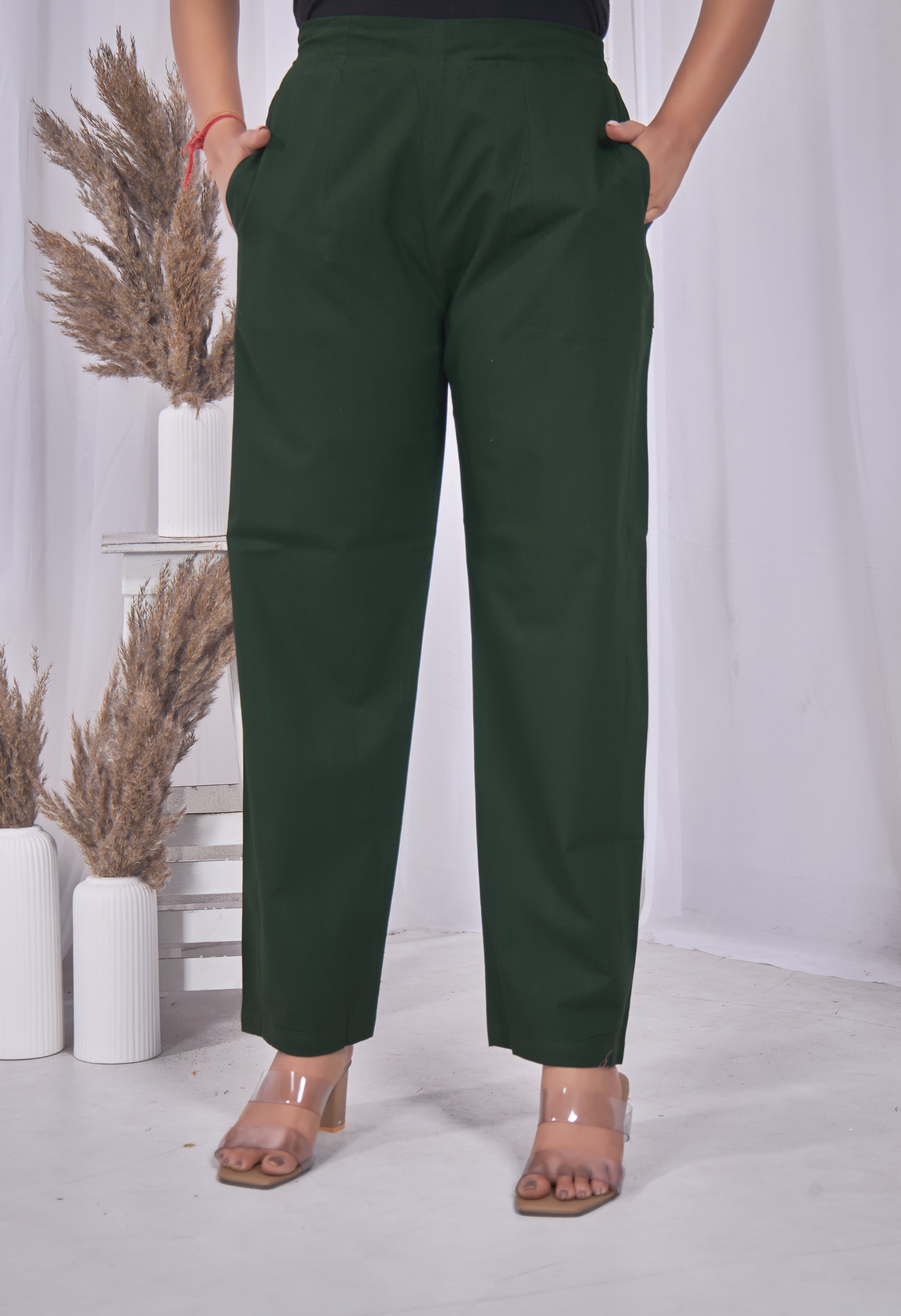 WOMEN BOTTLE GREEN COTTON PANT