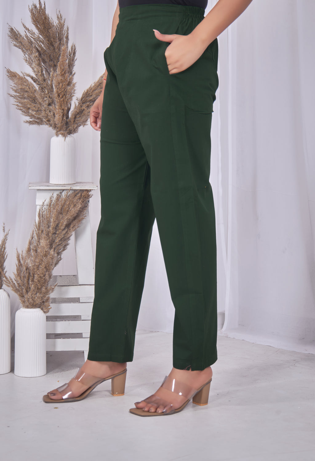 WOMEN BOTTLE GREEN COTTON PANT